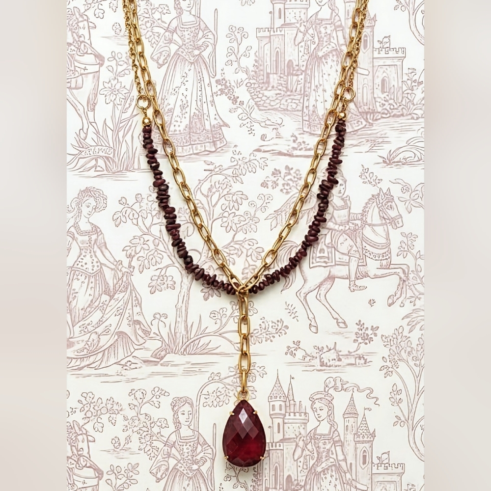 Natural Ruby Chips In 2-Strand Paperclip Necklace W/ Genuine Ruby Pendant